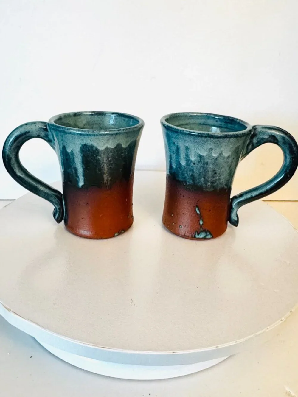 Pair Handmade Studio Pottery Mugs Joe Foster Terracotta Blue Green Drip Glaze